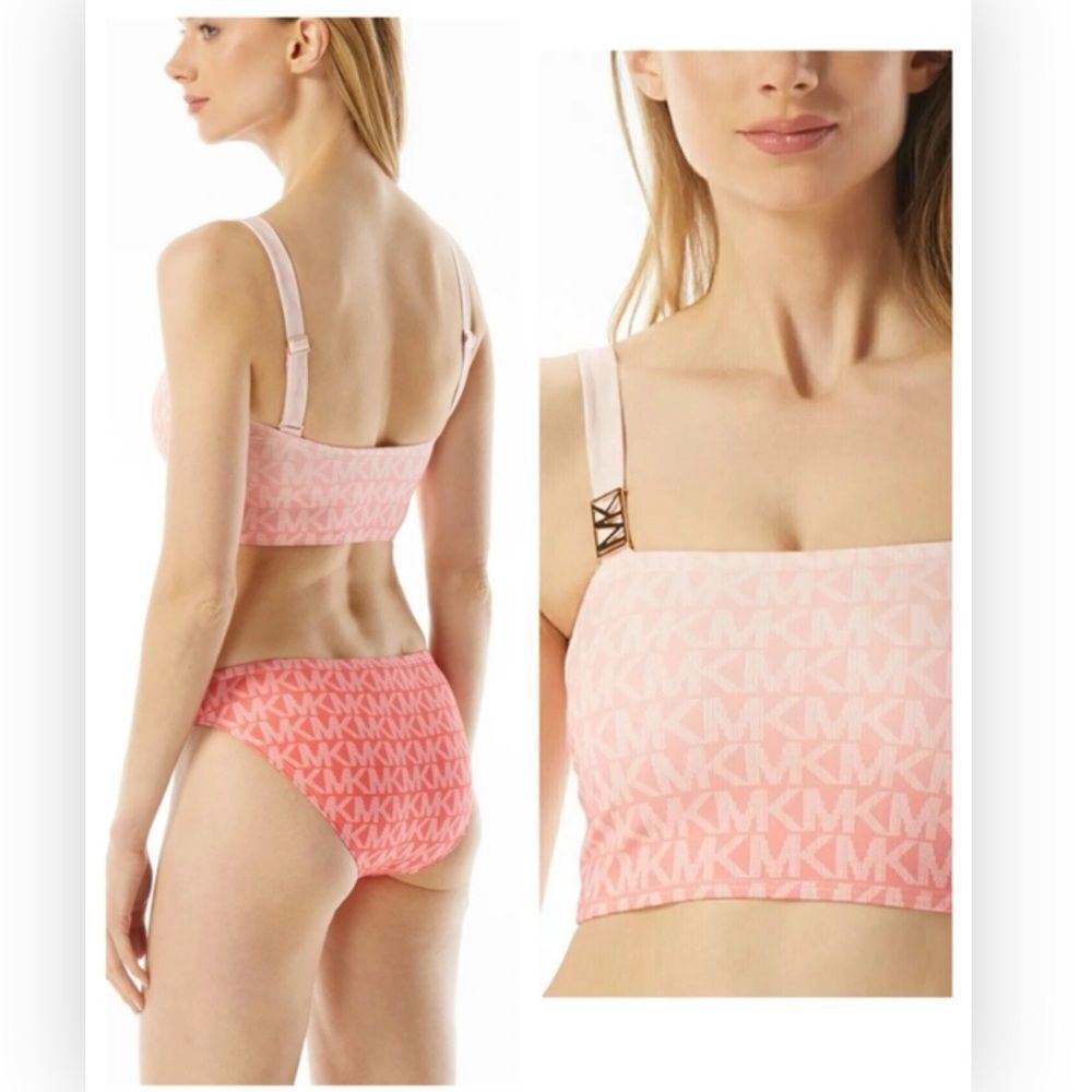 Michael Kors Square Neck Logo Pink Cropped Bikini Top Swimsuit $107